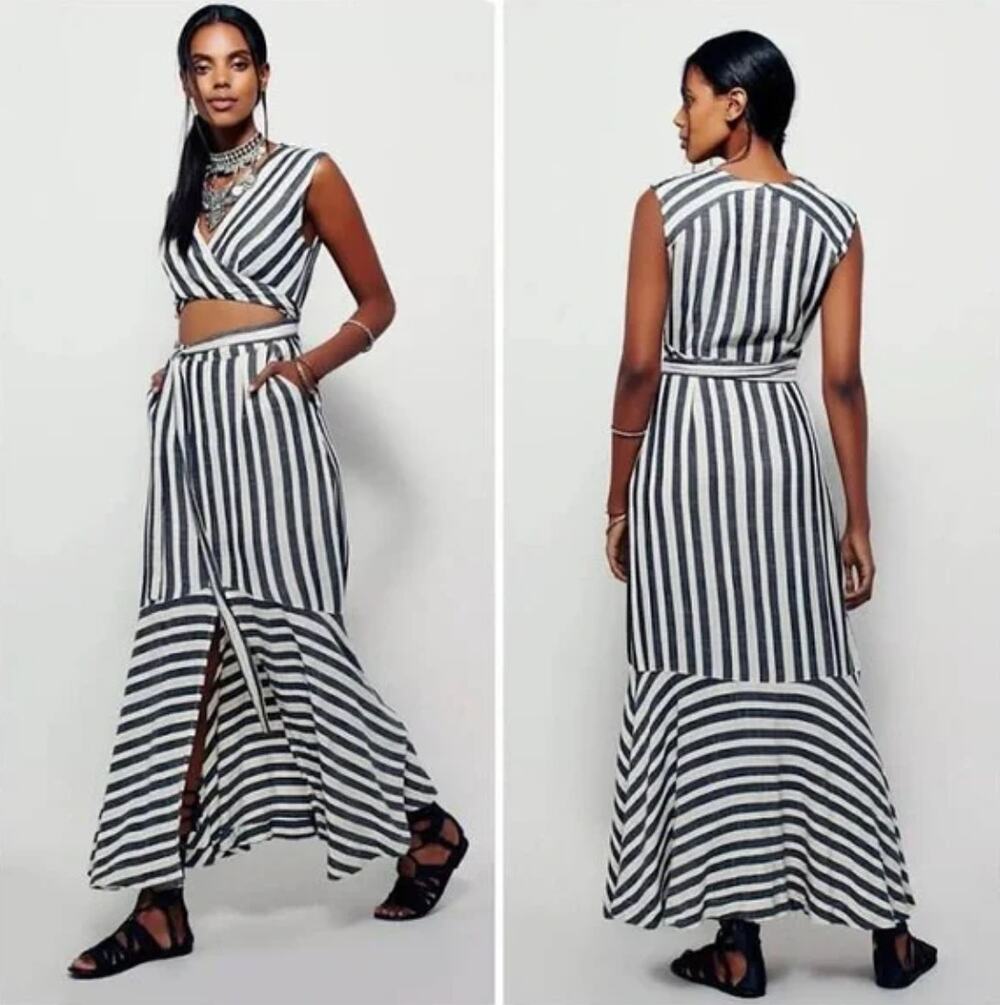 FREE PEOPLE | LA Baby Striped Wrap Cutout Midi Dress Gray White | Size 2